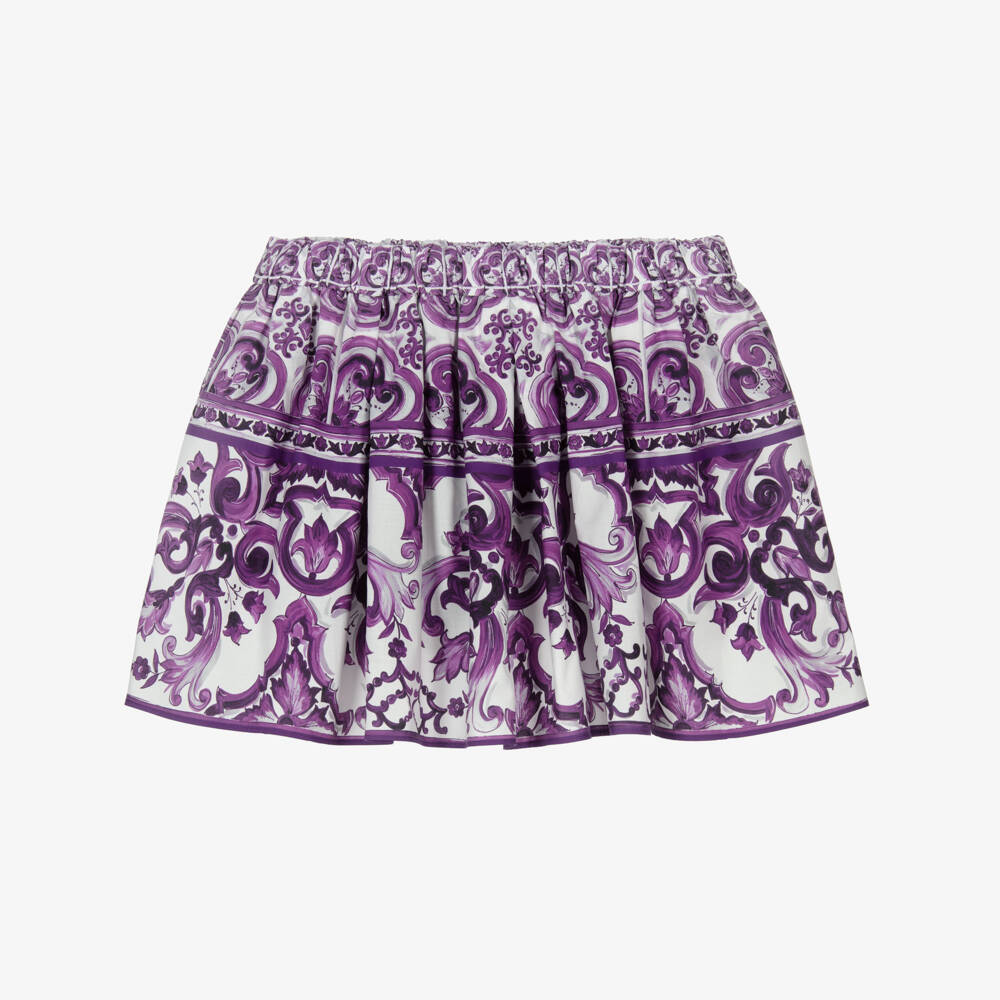 Dolce & Gabbana-Girls White & Purple Majolica Print Cotton Poplin Skirt | Childrensalon Outlet