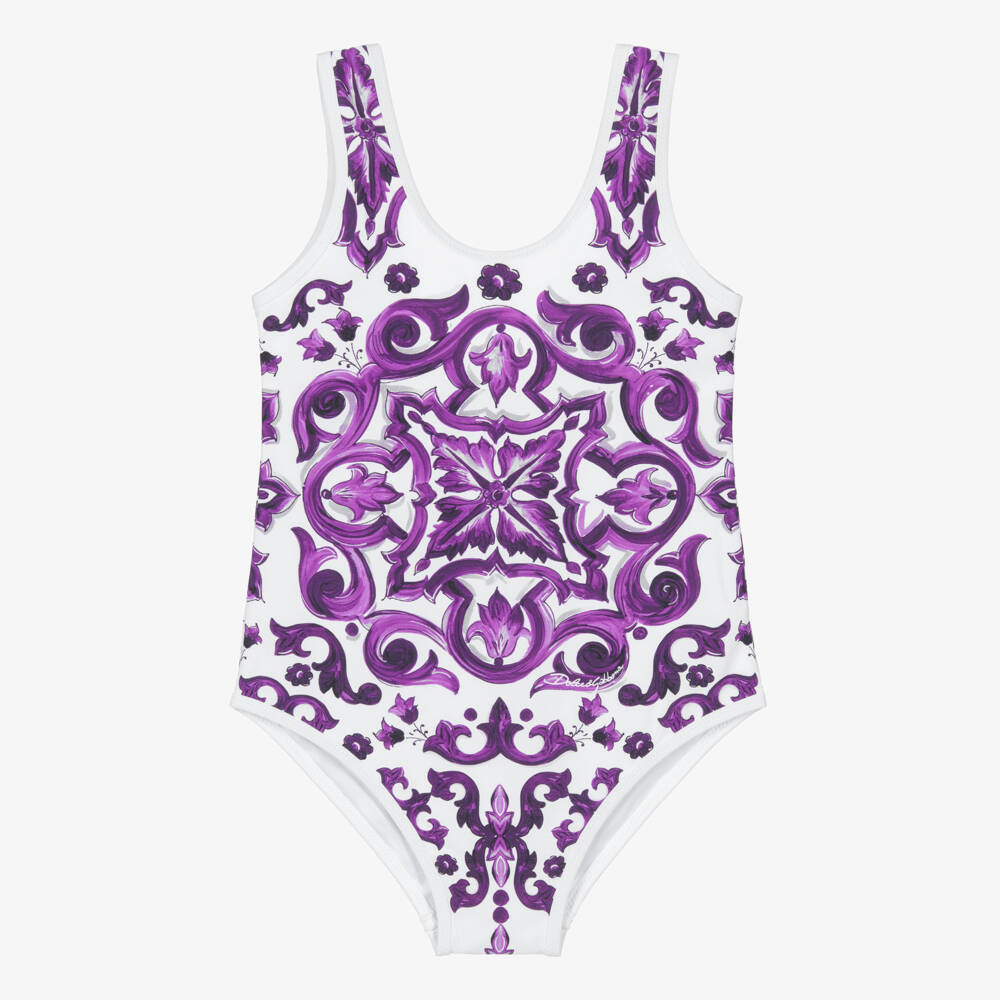 Dolce & Gabbana-Girls White & Purple Majolica Print Swimsuit | Childrensalon Outlet