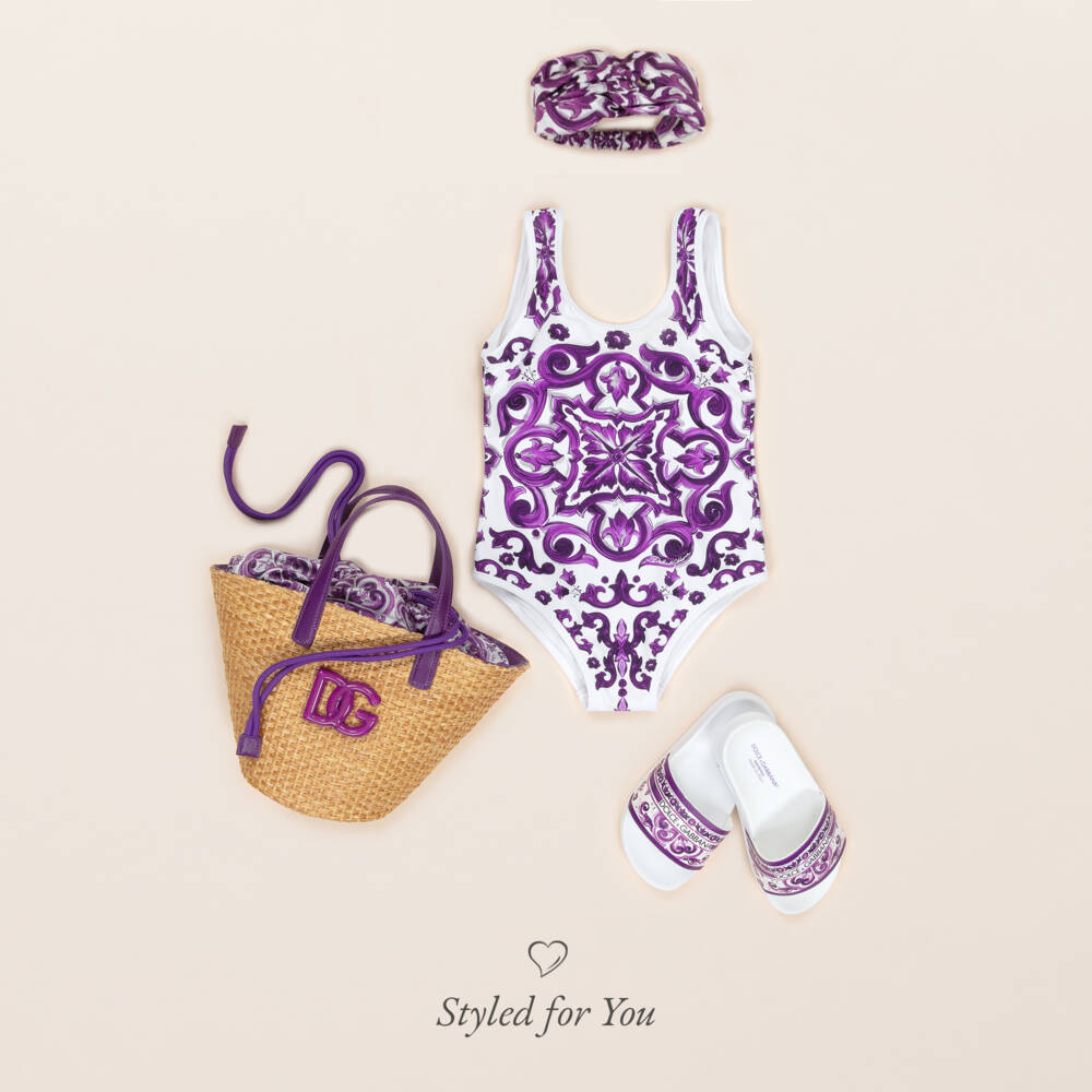 Dolce & Gabbana-Girls White & Purple Majolica Print Swimsuit | Childrensalon Outlet