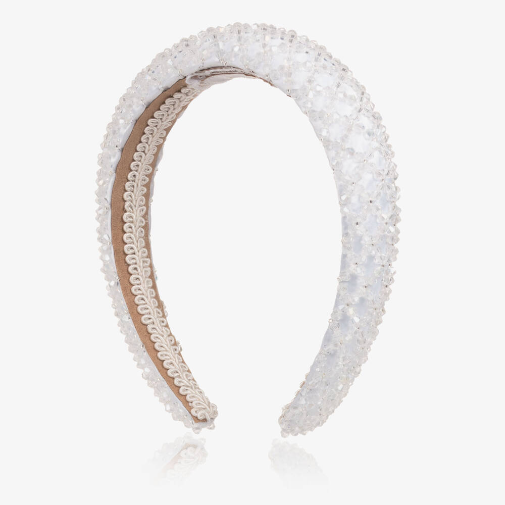 Junona-Girls White Satin & Crystal Bead Hairband | Childrensalon Outlet