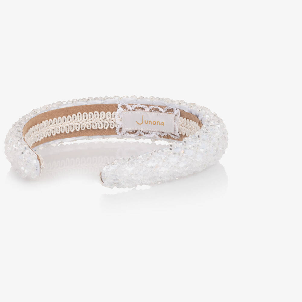Junona-Girls White Satin & Crystal Bead Hairband | Childrensalon Outlet
