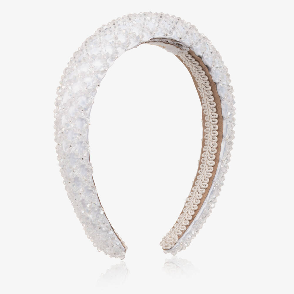 Junona-Girls White Satin & Crystal Bead Hairband | Childrensalon Outlet