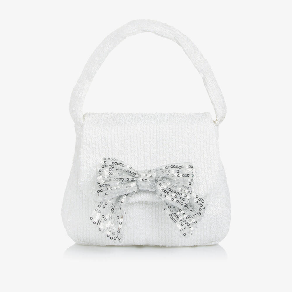 Patachou-Girls White Sequinned Tulle Bag with Silver Bow (16cm) | Childrensalon Outlet