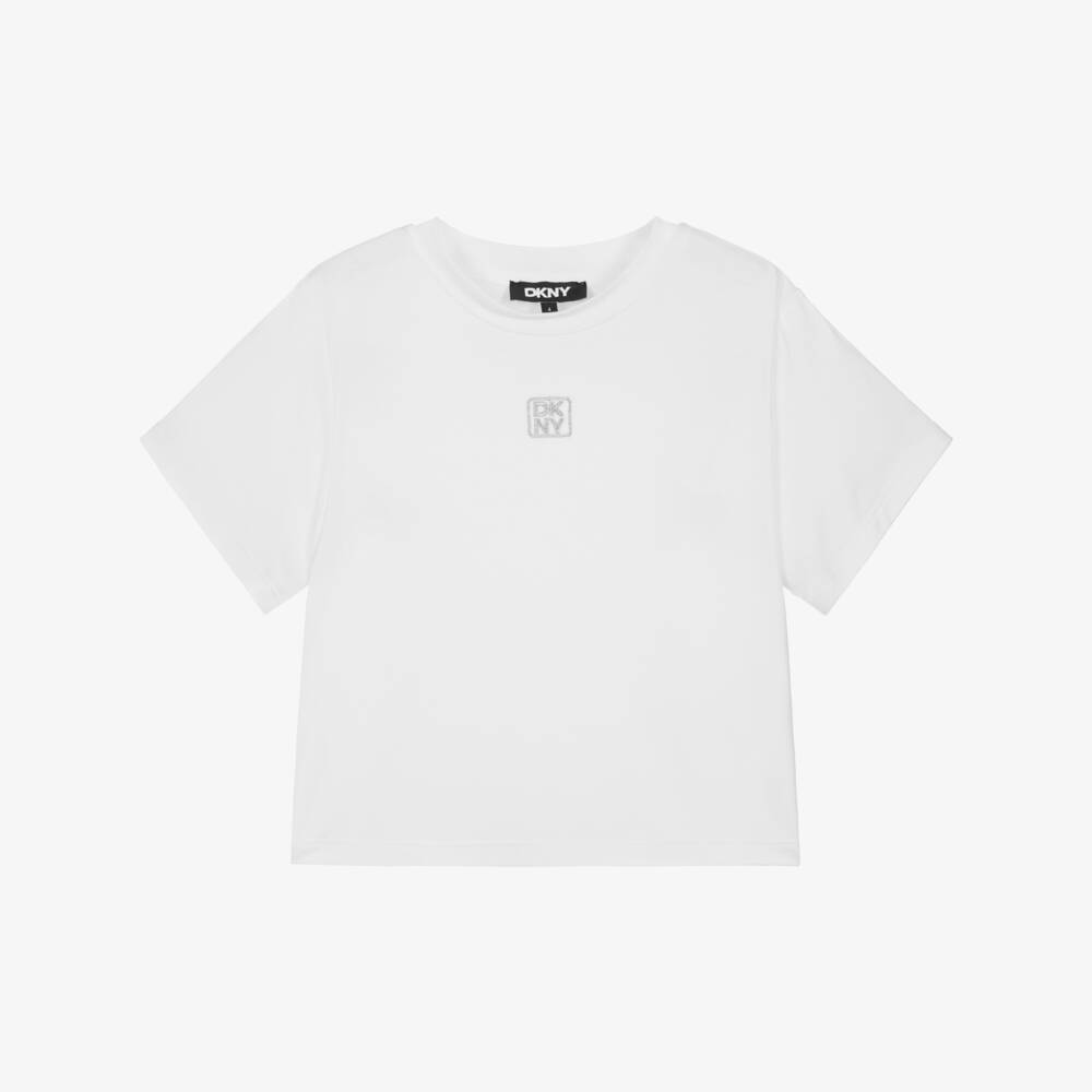 DKNY-Girls White T-Shirt with Silver Embroidered Logo | Childrensalon Outlet