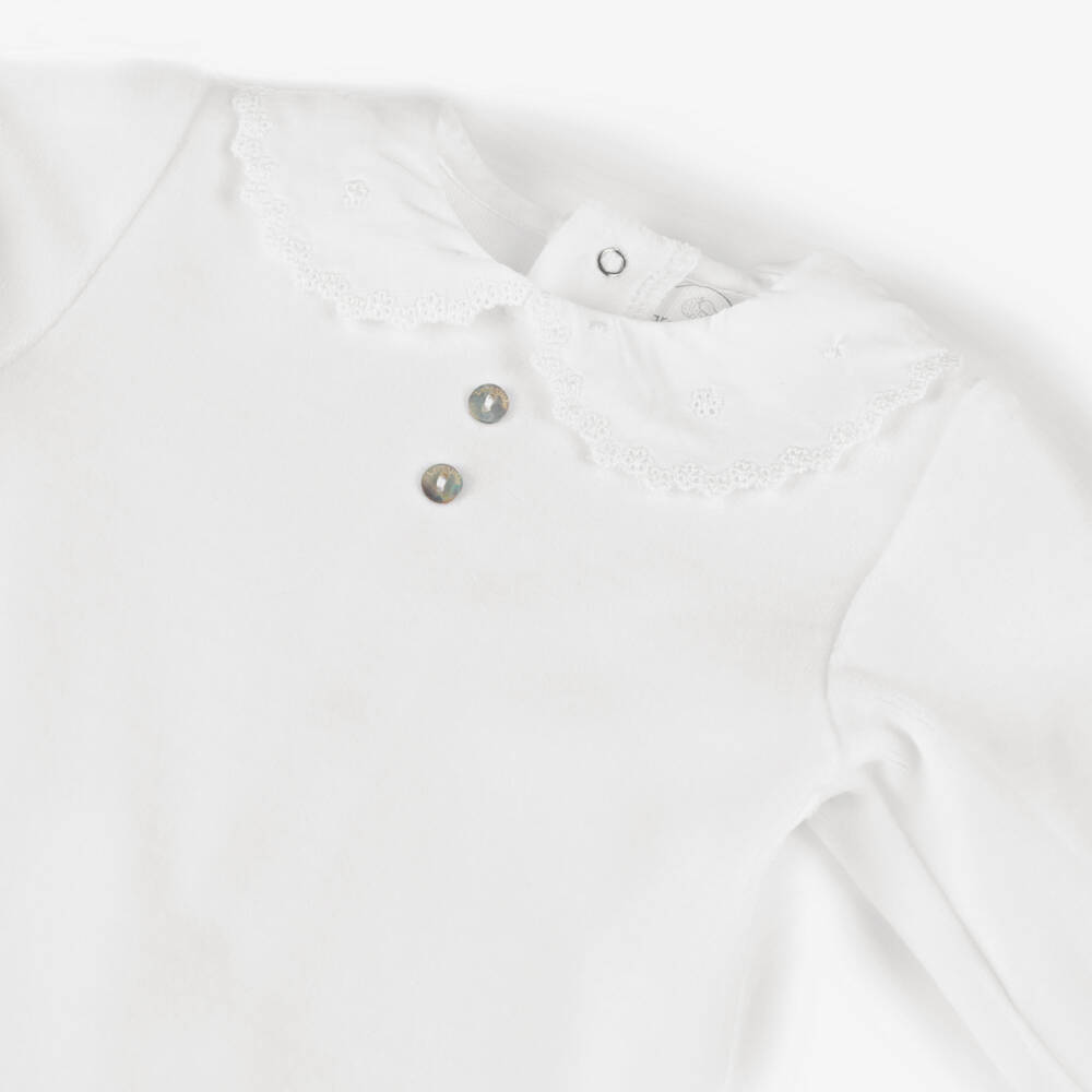 Laranjinha-Girls White Velour Babygrow with Embroidered Collar | Childrensalon Outlet