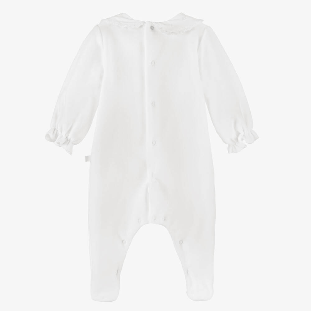 Laranjinha-Girls White Velour Babygrow with Embroidered Collar | Childrensalon Outlet