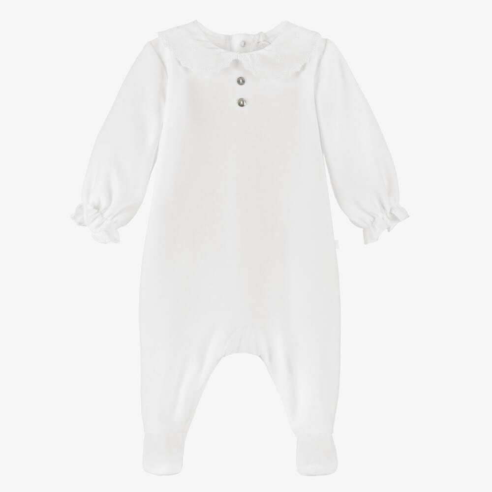 Laranjinha-Girls White Velour Babygrow with Embroidered Collar | Childrensalon Outlet