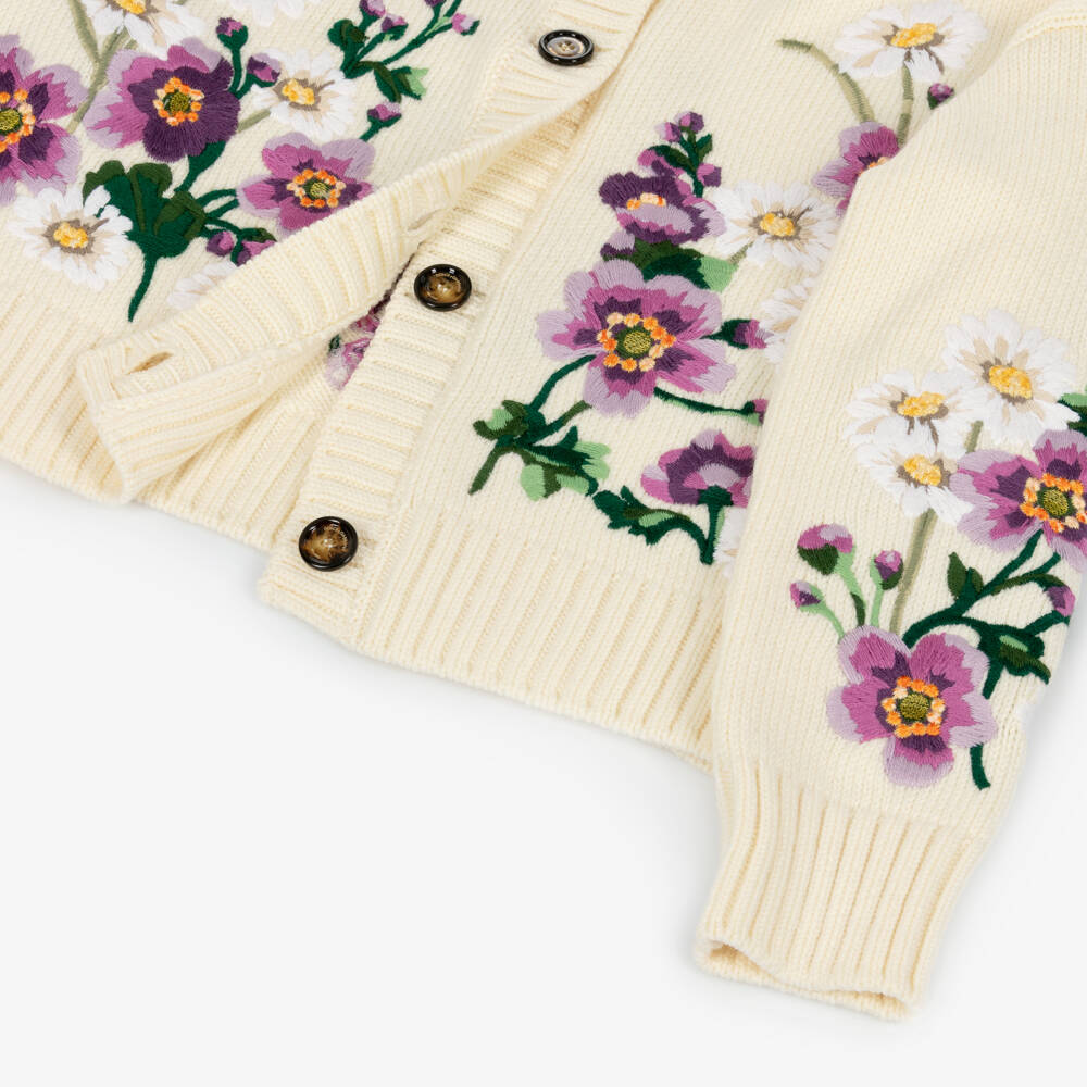 Dolce & Gabbana-Girls White Wool Knit Cardigan with Floral Embroidery | Childrensalon Outlet