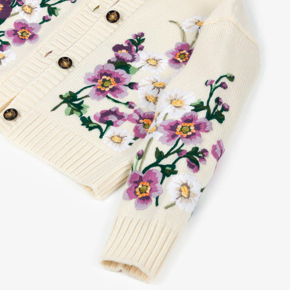 Dolce & Gabbana-Girls White Wool Knit Cardigan with Floral Embroidery | Childrensalon Outlet