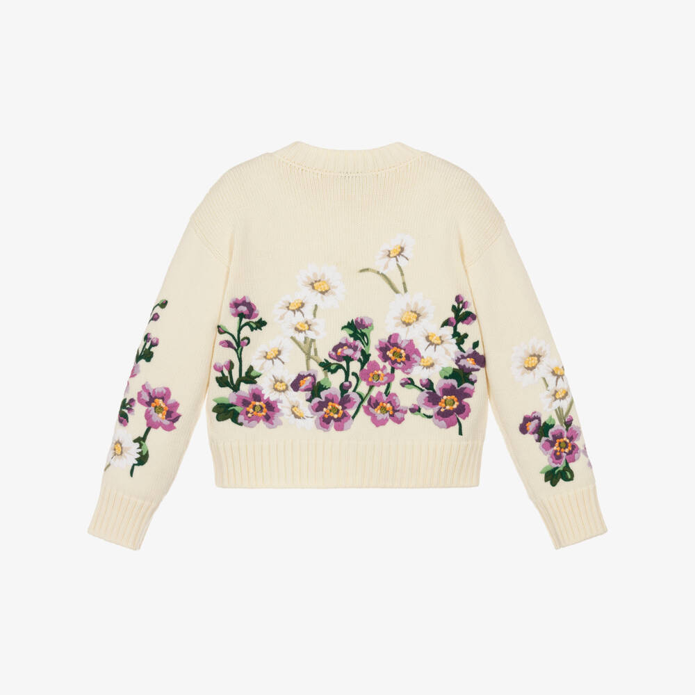 Dolce & Gabbana-Girls White Wool Knit Cardigan with Floral Embroidery | Childrensalon Outlet