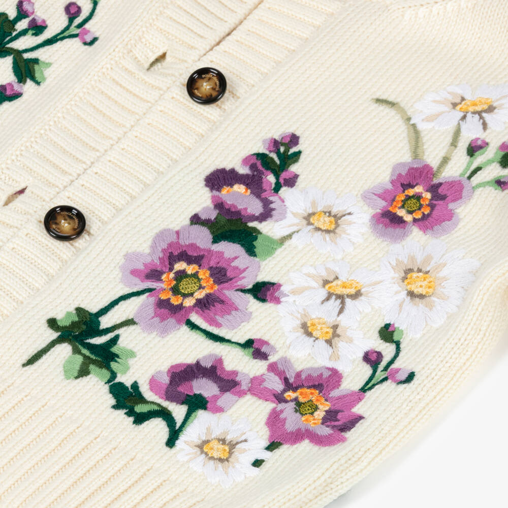 Dolce & Gabbana-Girls White Wool Knit Cardigan with Floral Embroidery | Childrensalon Outlet