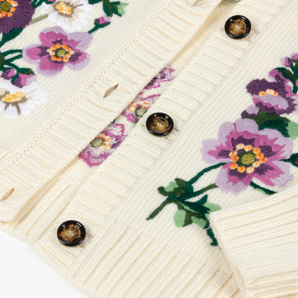 Dolce & Gabbana-Girls White Wool Knit Cardigan with Floral Embroidery | Childrensalon Outlet