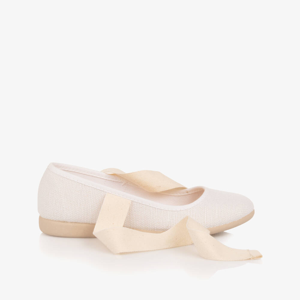 Pisamonas-Girls White Woven Textile Ballerina Pumps with Bows | Childrensalon Outlet