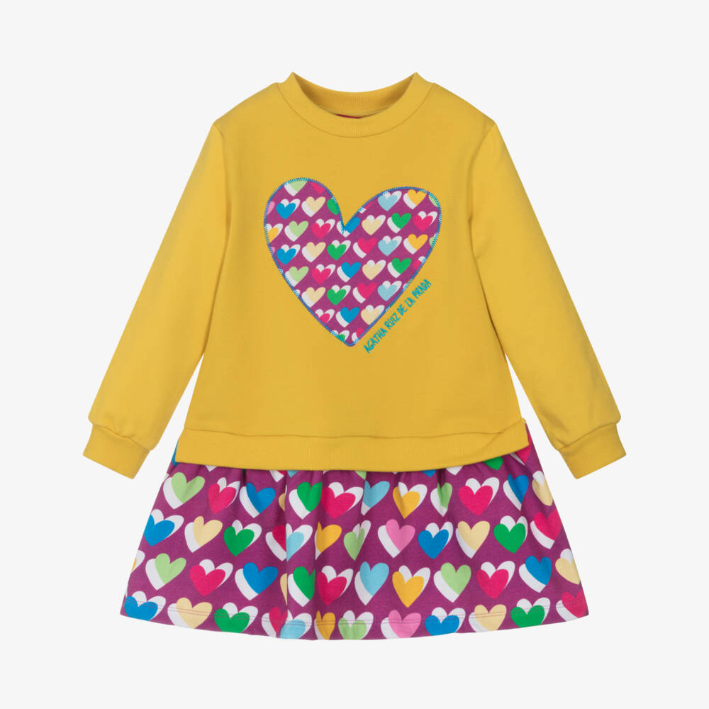 Agatha Ruiz de la Prada-Girls Yellow Cotton Sweatshirt Dress with Logo Heart | Childrensalon Outlet