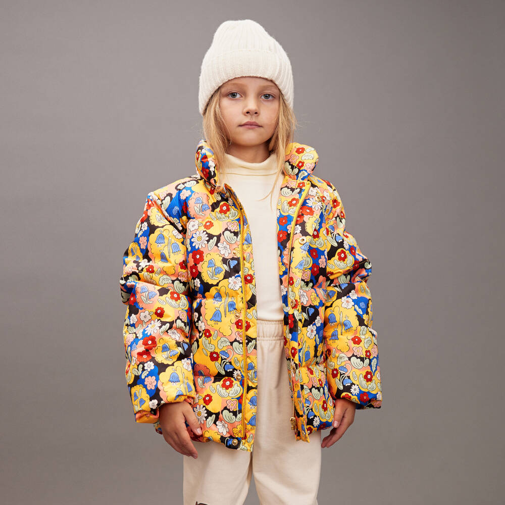 Mini Rodini-Girls Yellow Floral Print Puffer Jacket | Childrensalon Outlet