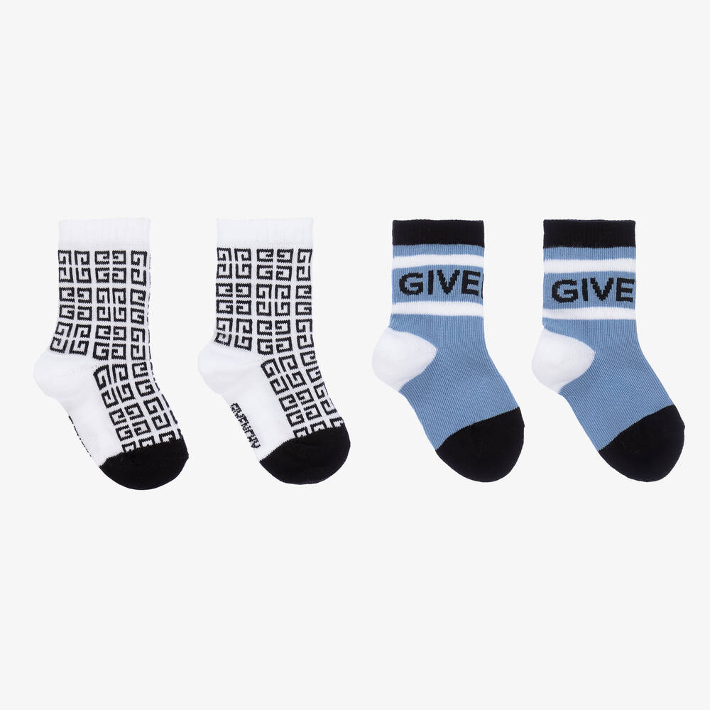 Givenchy - Baby Boys White & Blue Logo Socks (2 Pack) | Childrensalon