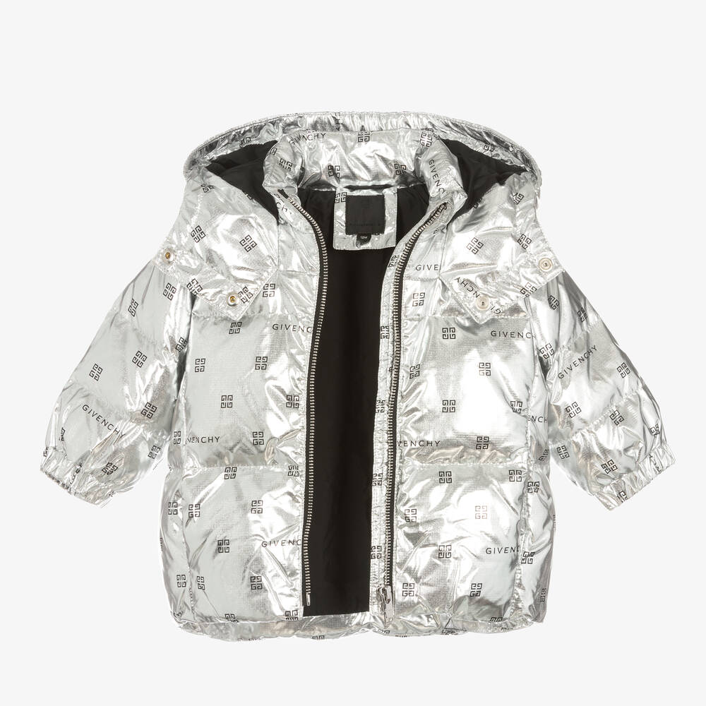 Givenchy-Baby Girls Metallic Silver 4G Down Jacket | Childrensalon Outlet