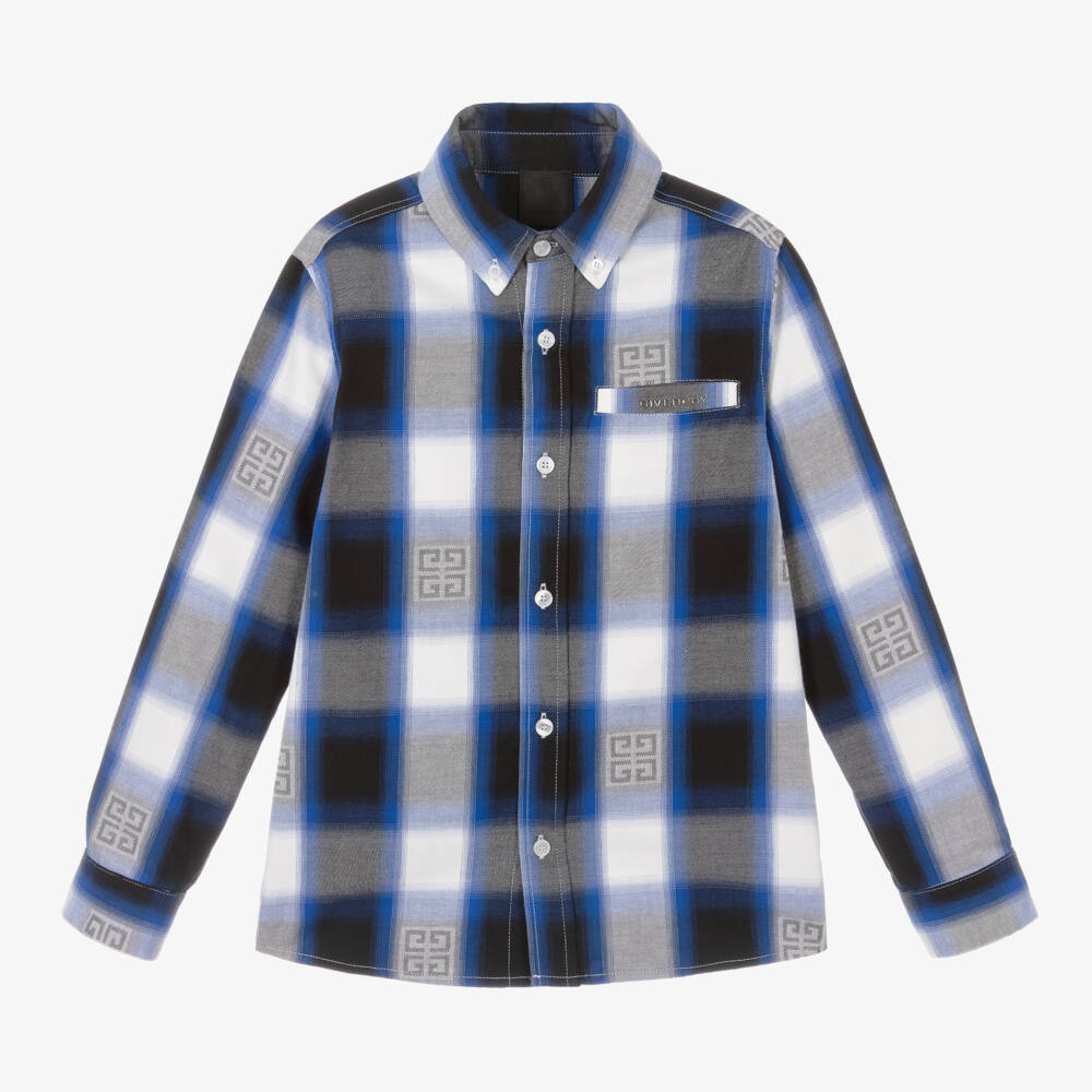 Givenchy-قميص قطن مربعات لون أزرق بشعار جيفنشي للأولاد | Childrensalon Outlet