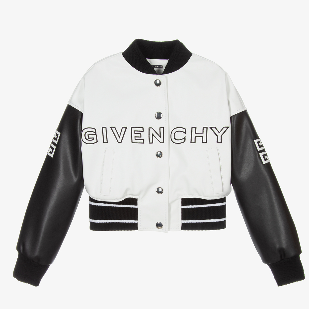 Givenchy - جاكيت بومبر جلد صناعي لون أسود وأبيض للبنات | Childrensalon
