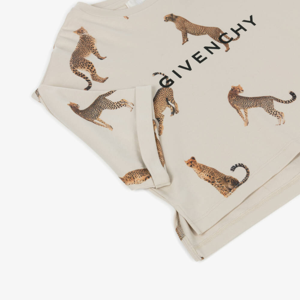 Givenchy-Girls Beige Cotton Cheetah Print T-Shirt | Childrensalon Outlet