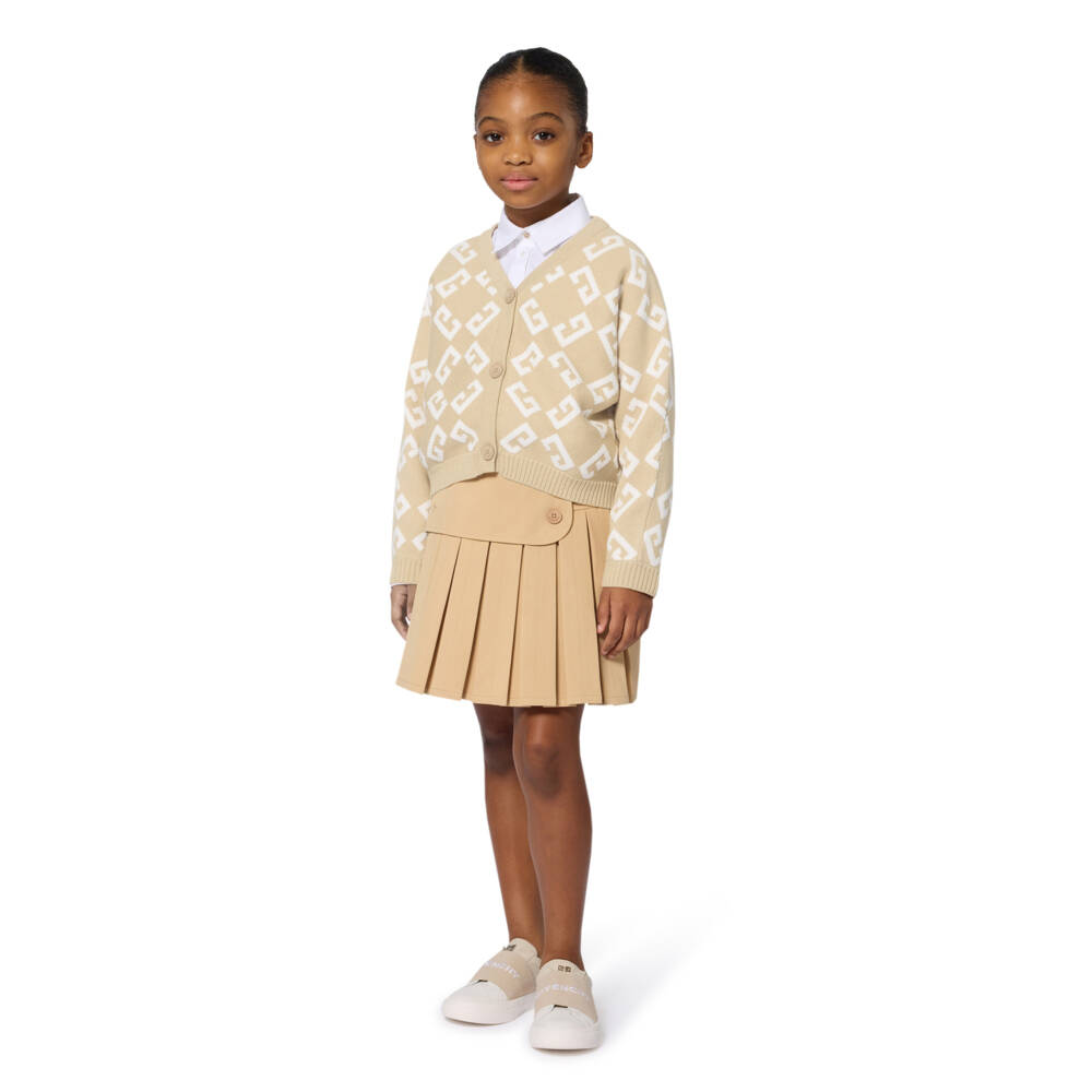 Givenchy-Girls Beige Logo Jacquard Cotton & Wool Knit Cardigan | Childrensalon Outlet