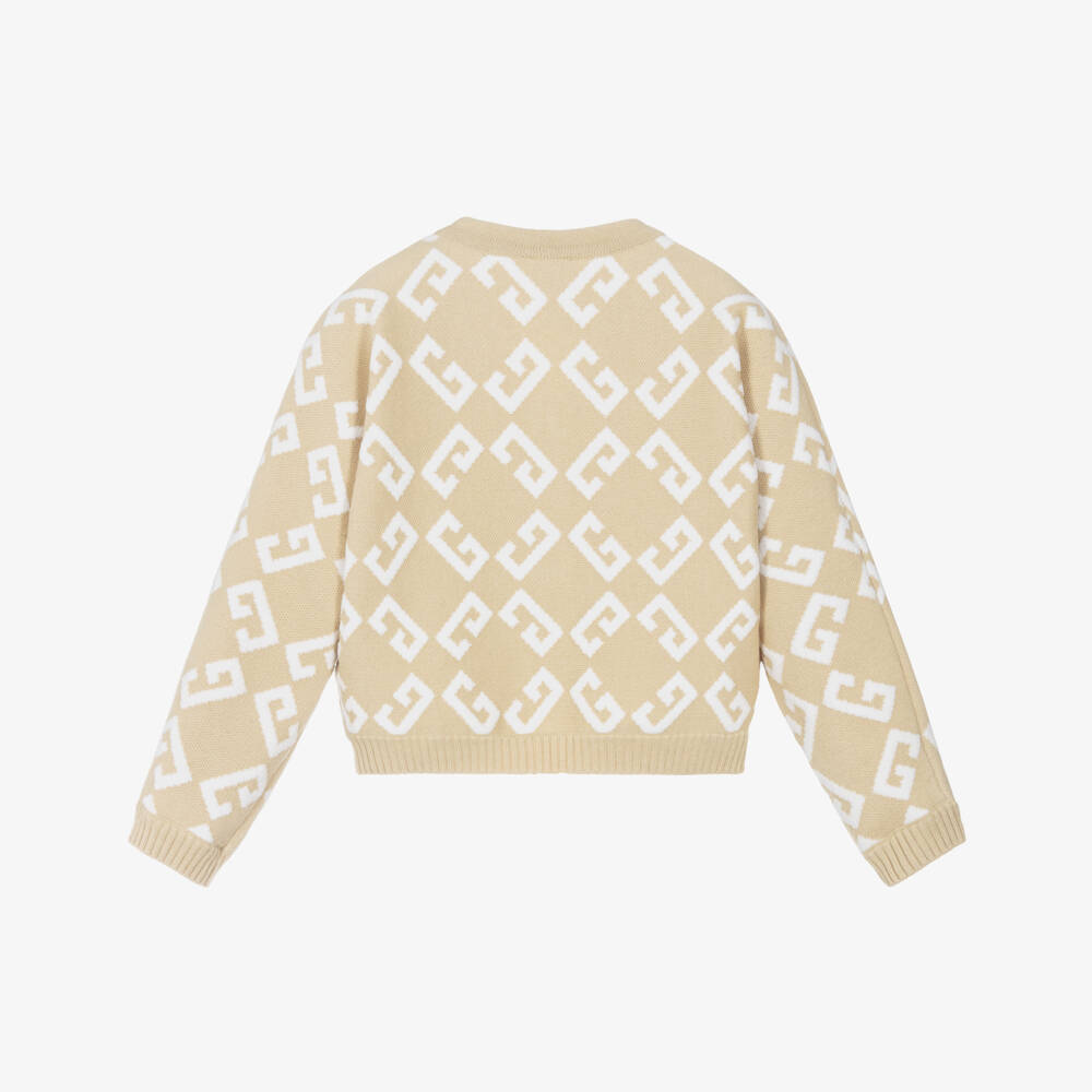 Givenchy-Girls Beige Logo Jacquard Cotton & Wool Knit Cardigan | Childrensalon Outlet