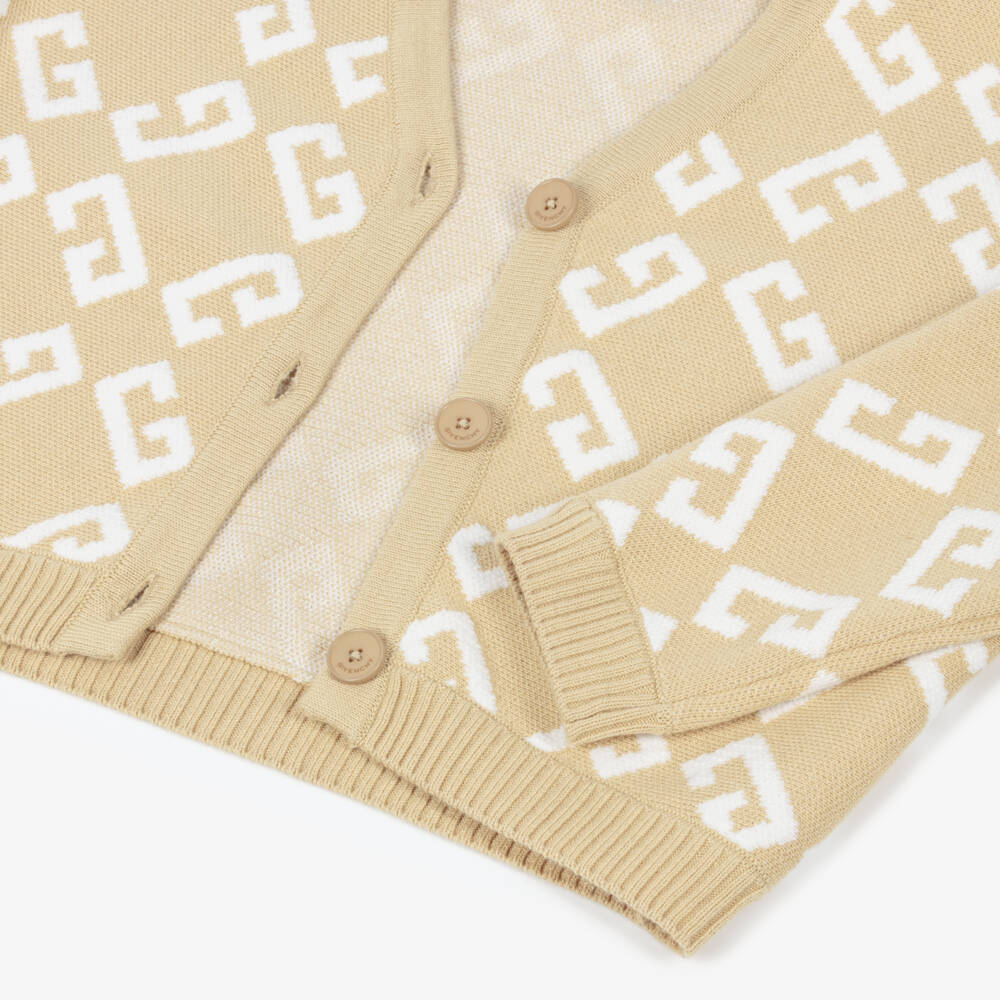 Givenchy-Girls Beige Logo Jacquard Cotton & Wool Knit Cardigan | Childrensalon Outlet