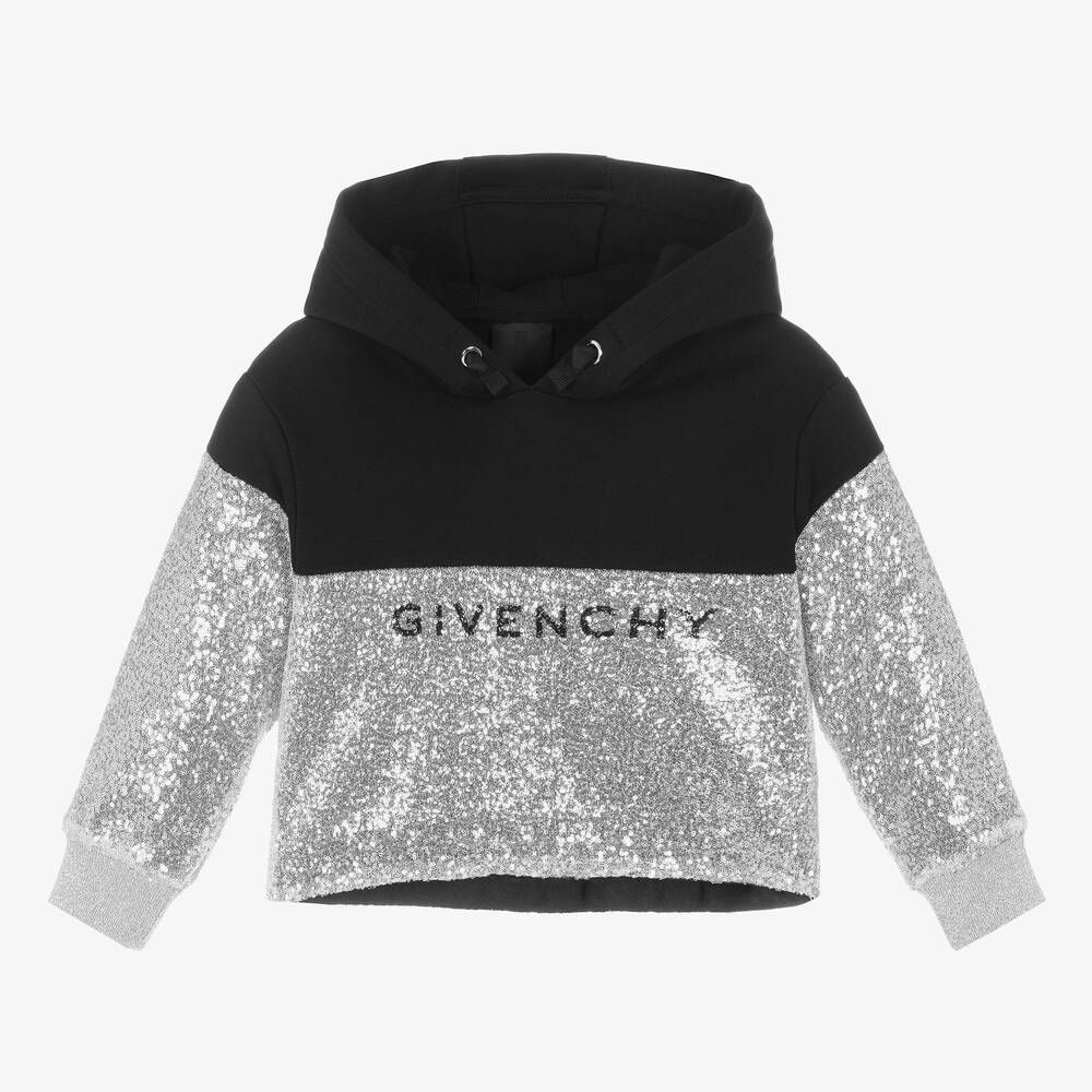 Givenchy - توب هودي جيرسي مزين بترتر لون أسود وفضّي للبنات | Childrensalon