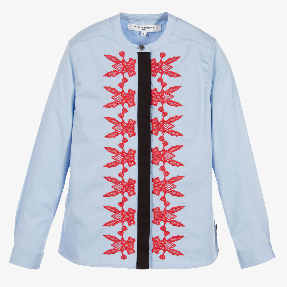 Givenchy - قميص قطن بوبلين مطرز لون أزرق وأحمر للبنات | Childrensalon
