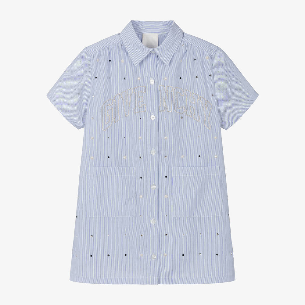 Givenchy-Girls Blue Stripe Swarovski Cotton Dress | Childrensalon Outlet