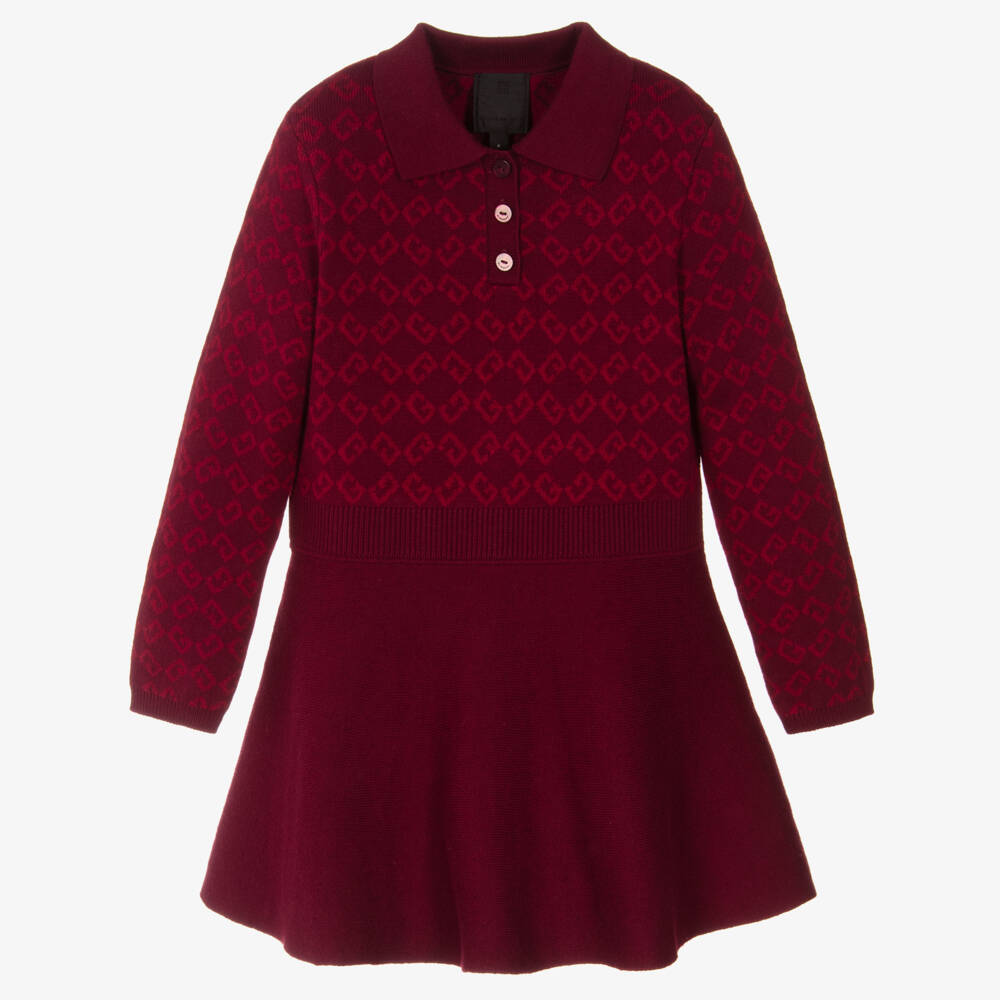 Givenchy-Girls Burgundy Red Cotton Knit Dress with Monogram 72 Logo | Childrensalon Outlet