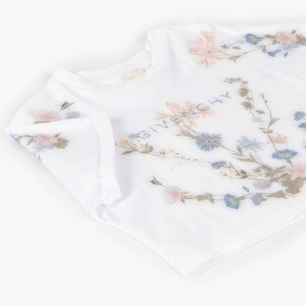 Givenchy-Girls Floral Cotton White Tee | Childrensalon Outlet