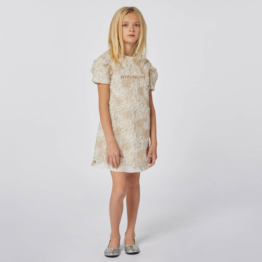 Givenchy-Girls Floral Gold Lace Dress | Childrensalon Outlet