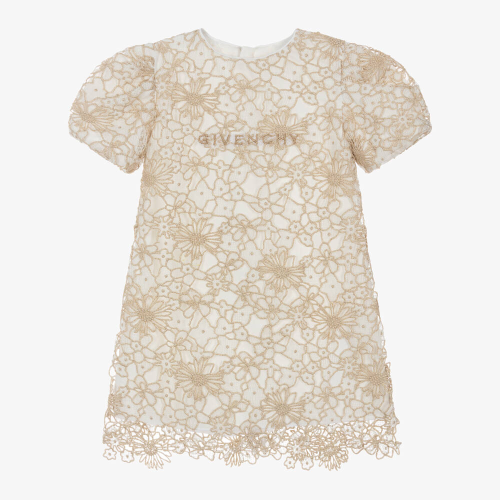 Givenchy-Girls Floral Gold Lace Dress | Childrensalon Outlet