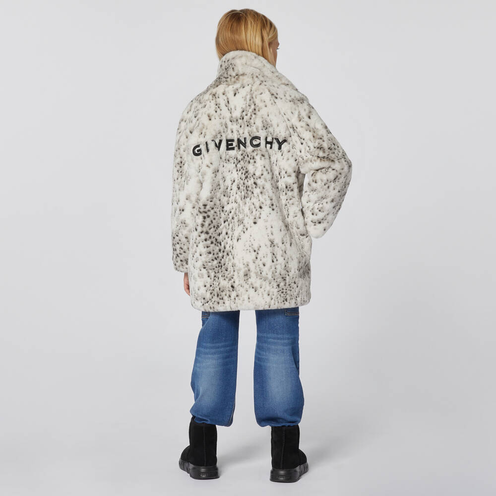 Givenchy-Girls Ivory Animal Print Faux Fur Coat | Childrensalon Outlet