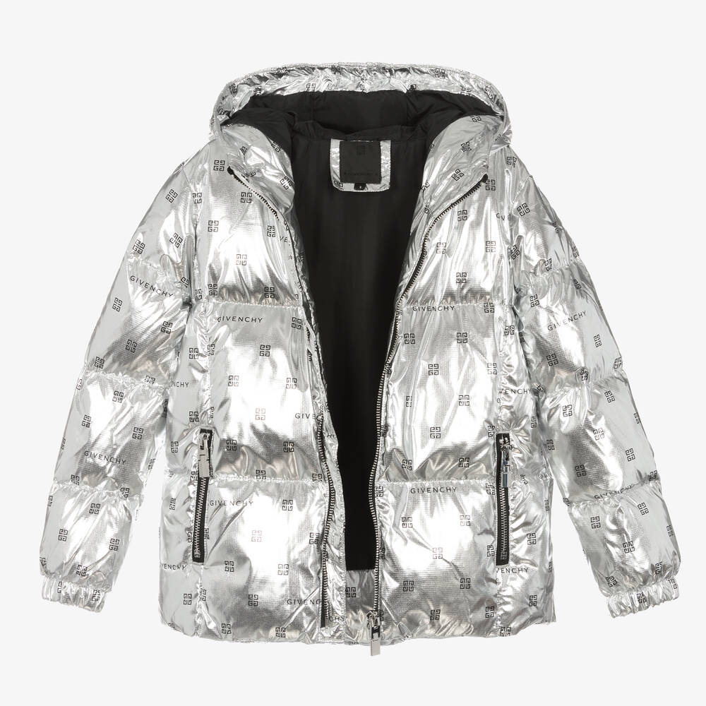 Givenchy-Girls Metallic Silver 4G Down Jacket | Childrensalon Outlet