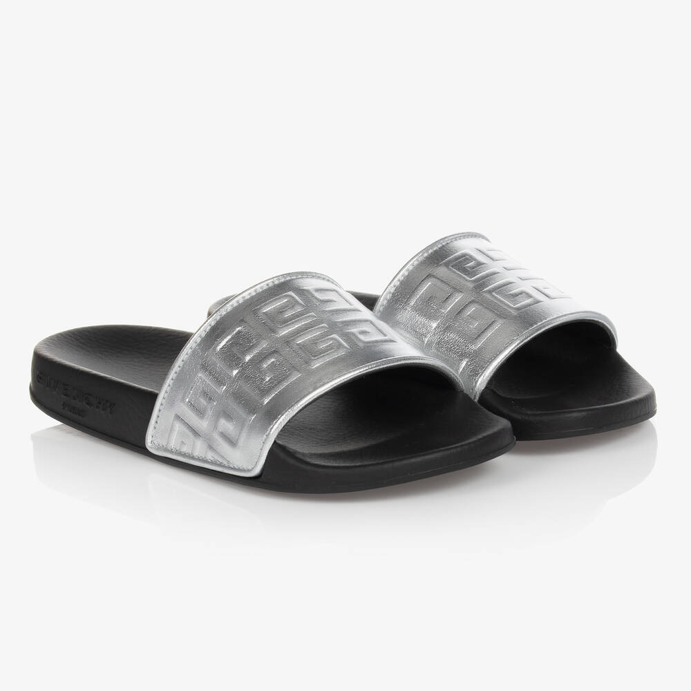 Givenchy - Girls Metallic Silver 4G Logo Sliders | Childrensalon