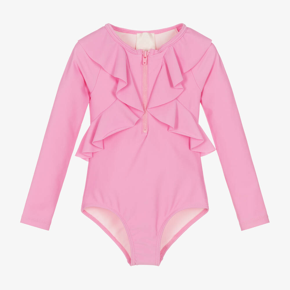 Givenchy - Girls Pink Ruffle Logo Swimsuit | Childrensalon