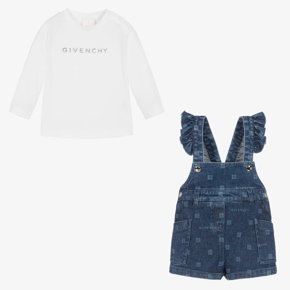 Givenchy-Girls White & Blue Cotton Dungaree Set | Childrensalon Outlet