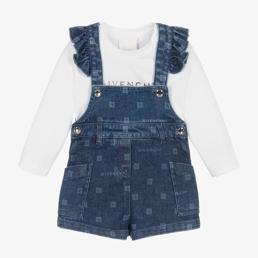 Givenchy - Girls White & Blue Cotton Dungaree Set | Childrensalon