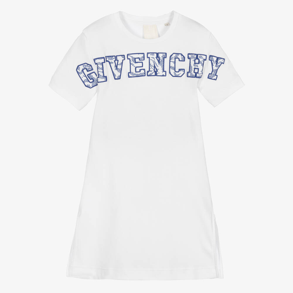 Givenchy - Girls White & Blue Cotton Logo Dress | Childrensalon