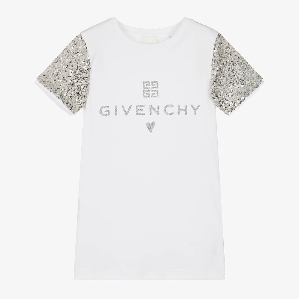 Givenchy-Girls White Cotton Sequinned Sleeve Dress | Childrensalon Outlet