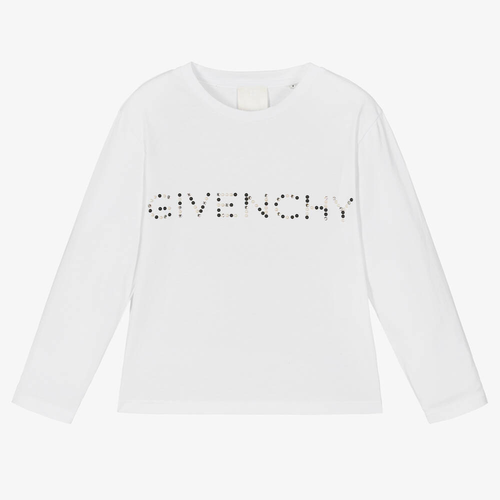 Givenchy - توب قطن جيرسي مزين بكريستال لون أبيض للبنات | Childrensalon