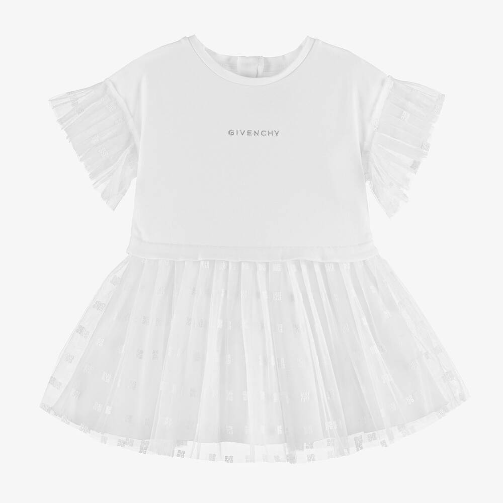 Givenchy - Weißes Baumwollkleid mit Tüll | Childrensalon
