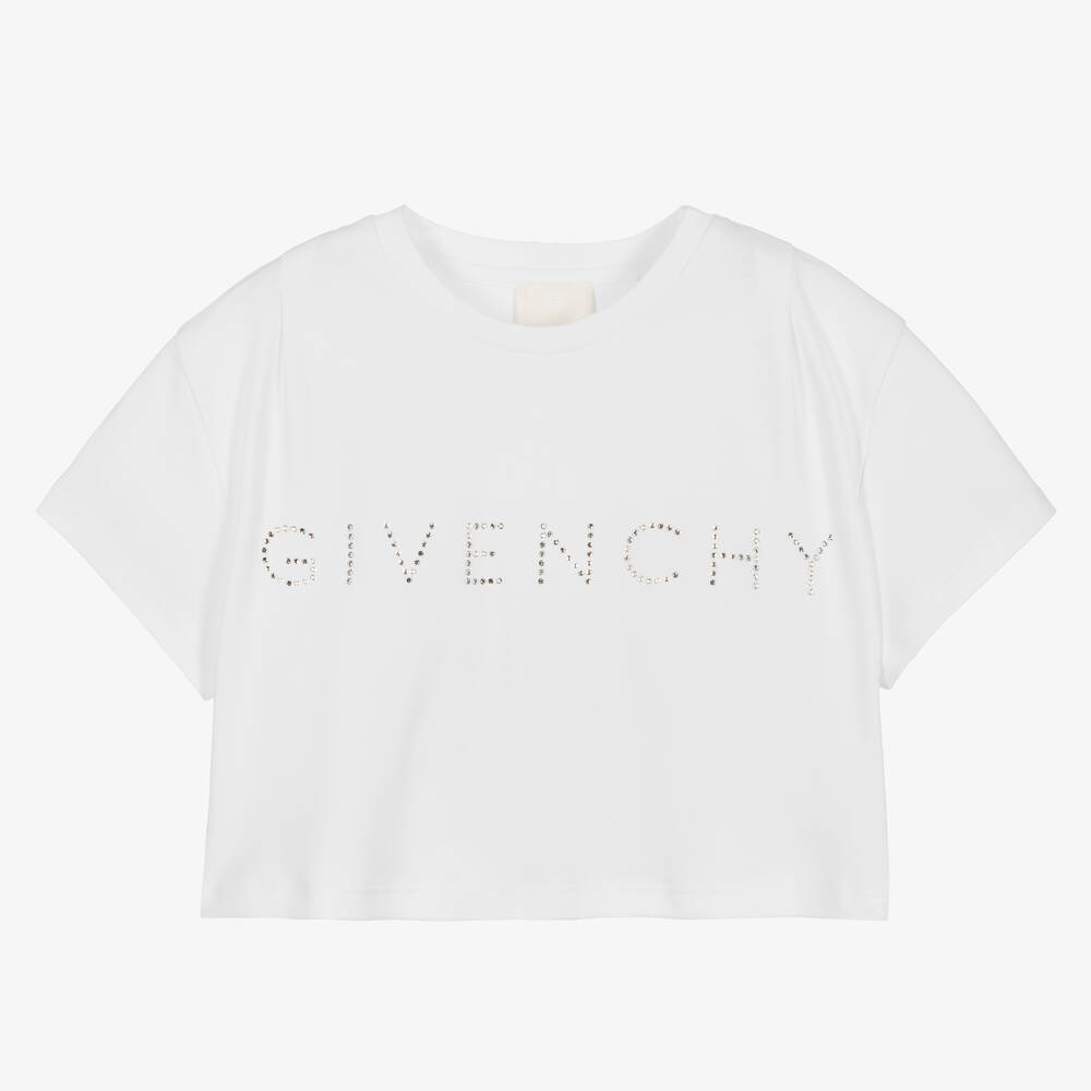 Givenchy - Girls White Cropped Swarovski T-Shirt | Childrensalon