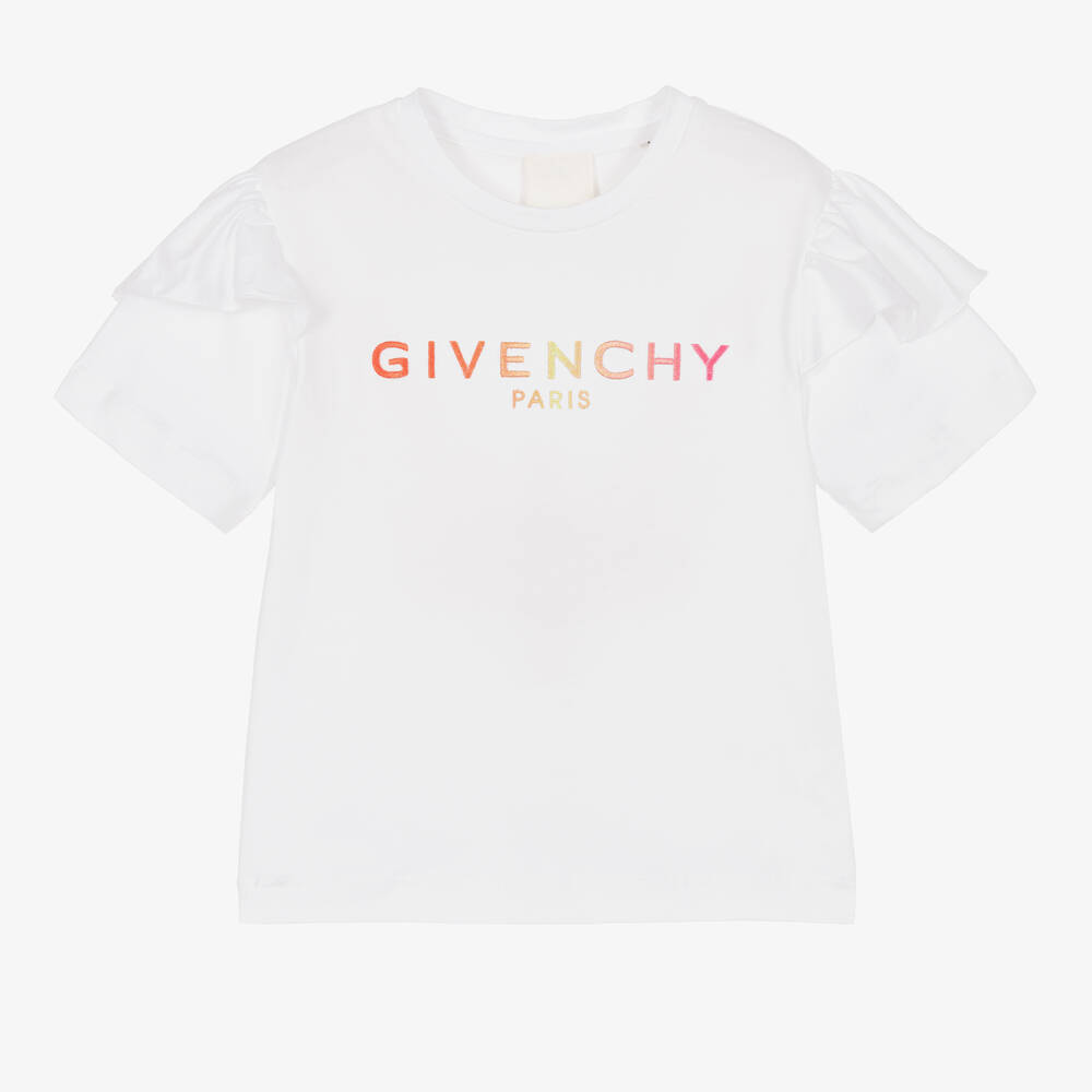Givenchy-Girls White Embroidered Cotton T-Shirt | Childrensalon Outlet