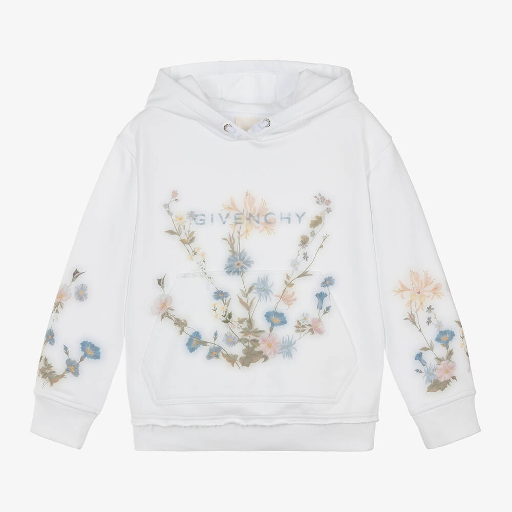 Givenchy-Girls White Flower Print Cotton Hoodie | Childrensalon Outlet