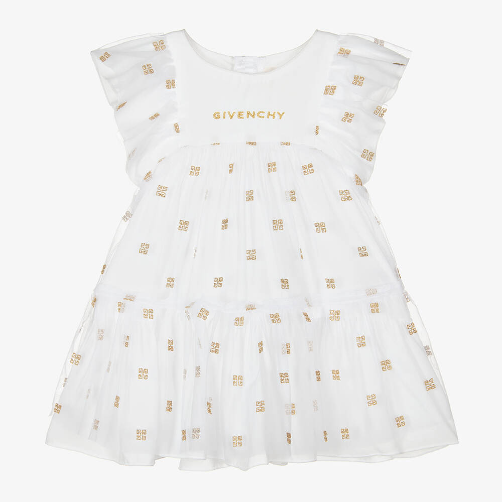 Givenchy-فستان أطفال بناتي بطبعة 4G تول لون ذهبي وأبيض | Childrensalon Outlet