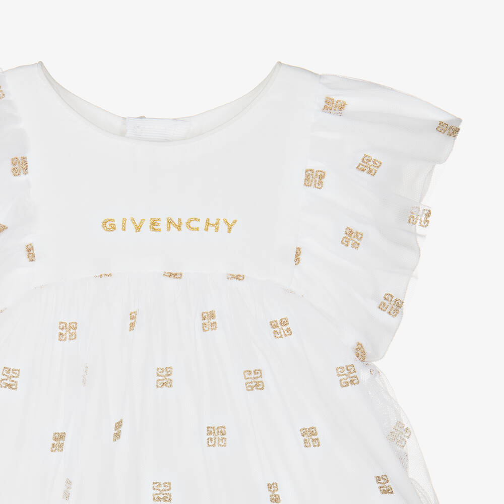 Givenchy-Girls White & Gold 4G Tulle Dress | Childrensalon Outlet