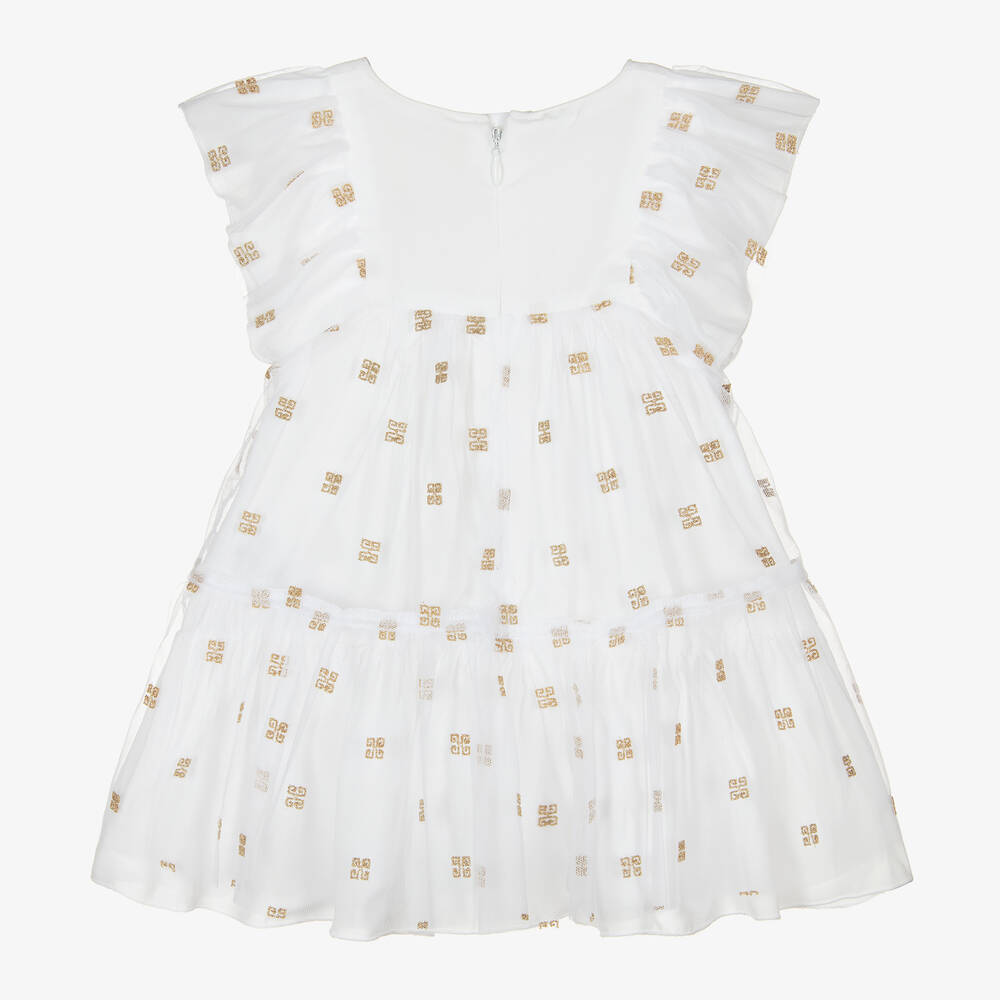 Givenchy - Girls White & Gold 4G Tulle Dress | Childrensalon